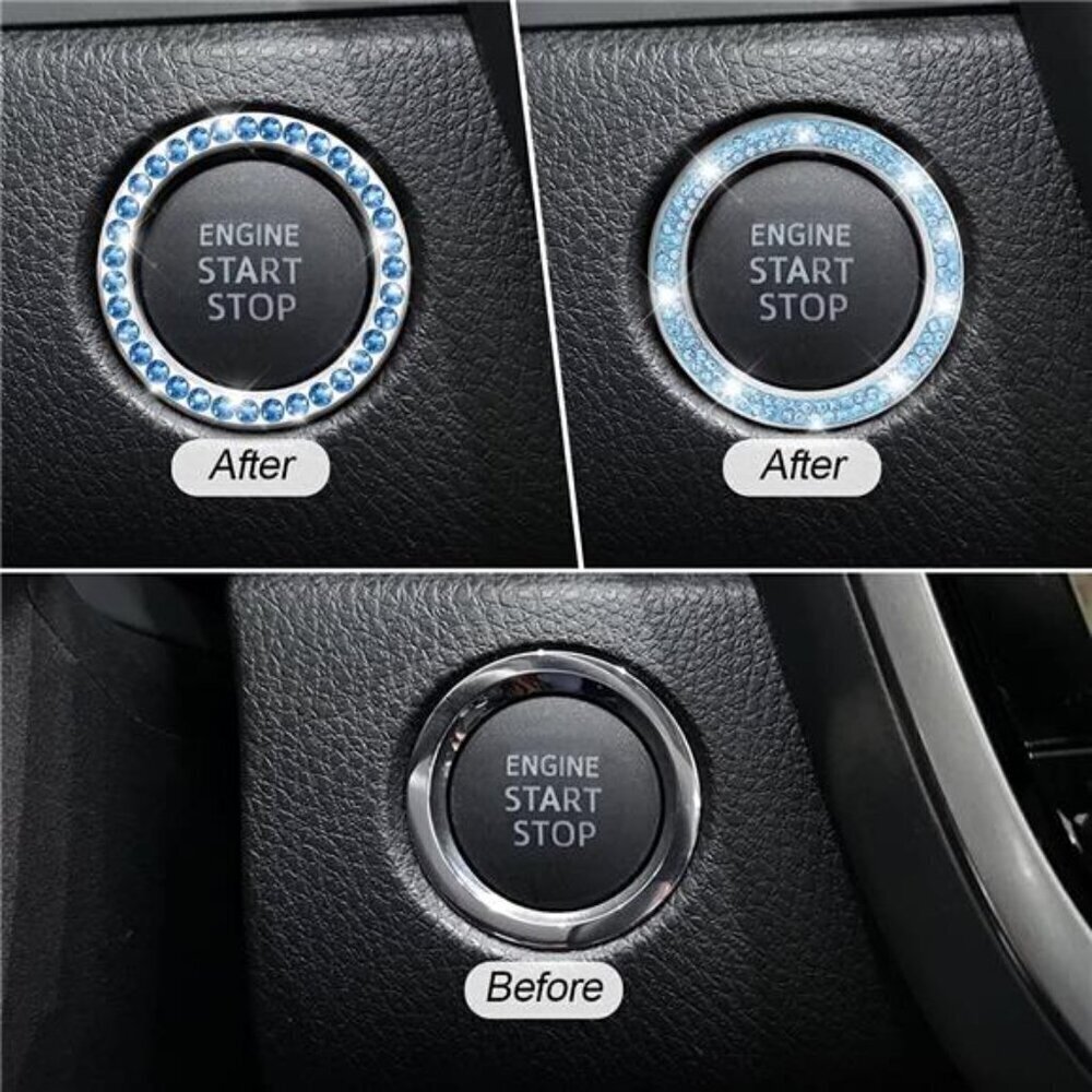 Car Start Button Bling Rhinestone Diamond Engine Button Ring 2-Pack Blue - Picture 5 of 8
